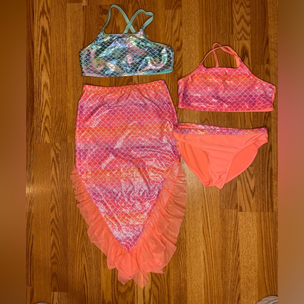 Wonder Nation 4 piece mermaid swim suits (tail, bikini bottoms & 2 tops) XXL 18
